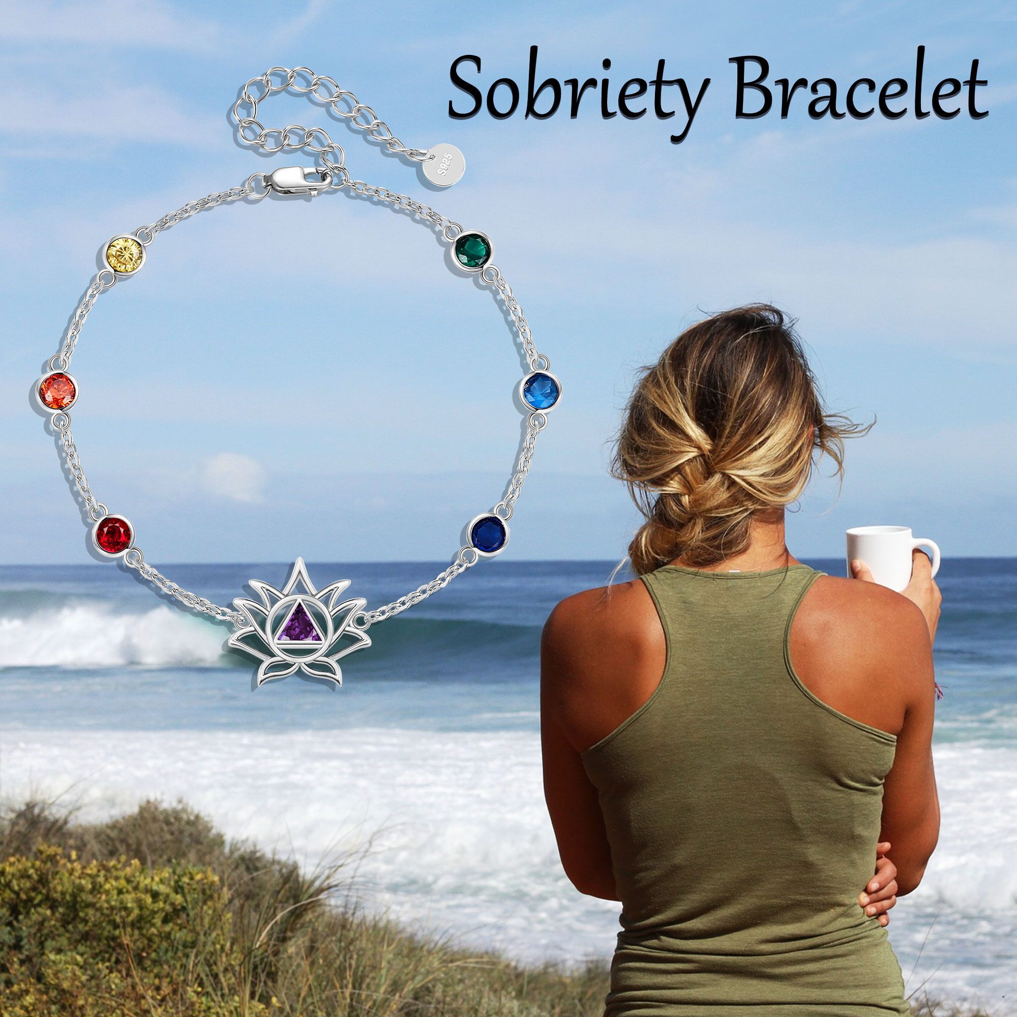Women's Sterling Silver Lotus Flower Sobriety Bracelet, Gift Idea